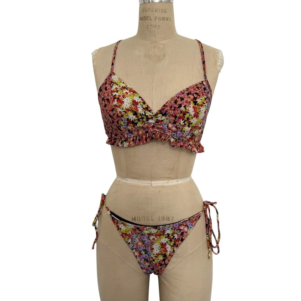 Luli Fama Floral Ruffle Bikini Set Garden Nights S Lace Up Back Ruched Bottoms
